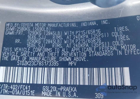 2008 Toyota Sienna Le из США, поврежденный, VIN 5TDZK23C78S173395